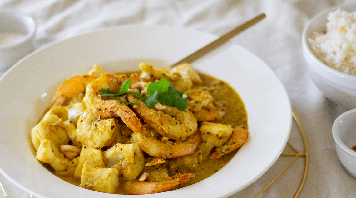 Sri Lankan Prawn Curry in White Bowl. Harbour Fish.