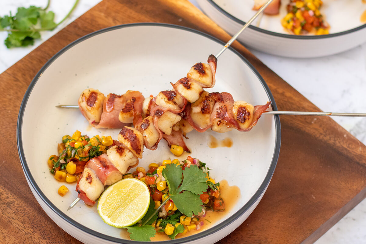 scallop & prosciutto skewers with a fresh corn salsa