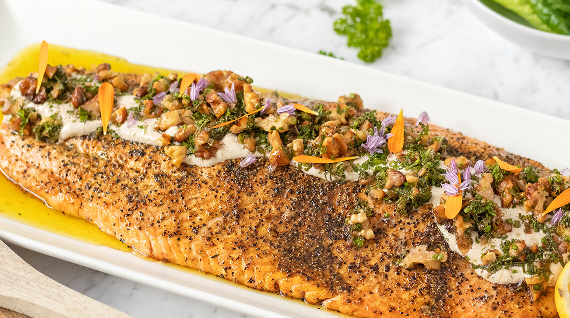 salmon with tahini yoghurt walnut & herb salsa