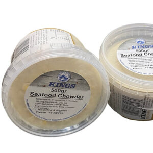 Two tubs of Kings 500g Seafood Chowder, a ready-made seafood meal available from Harbour Fish — perfect for pairing with fresh fish or ordering with your seafood delivery.