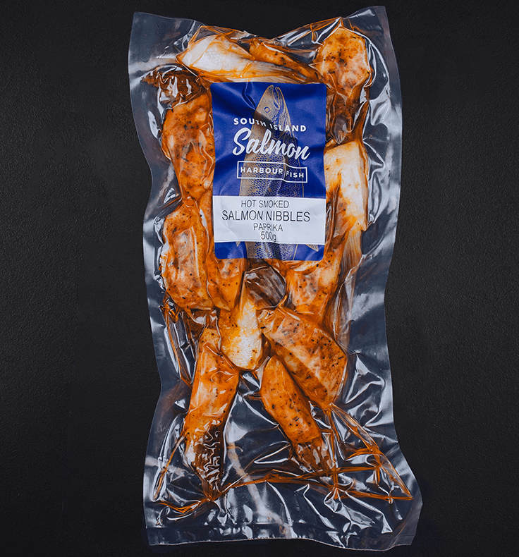 Product Hot Smoked Salmon Nibbles Paprika 200g